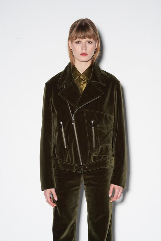 Olive smooth velvet biker jacket